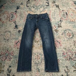 Navy blue straight jeans with front and back pockets